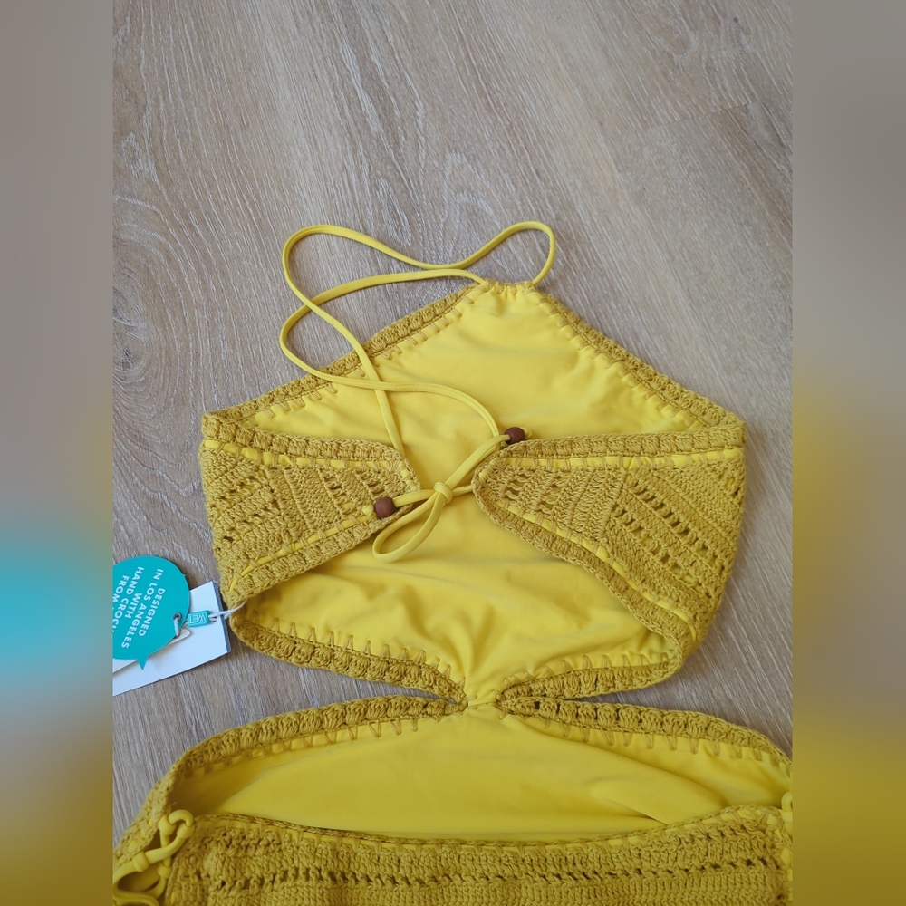 WET Lane Saffron Crochet Cutout Mustard Yellow Swimsuit One Piece XS, S $198 - Picture 7 of 8